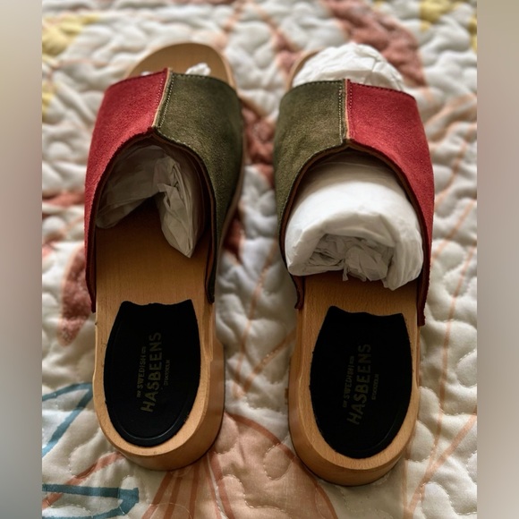 Swedish Hasbeens Rost/Olive combo suede clogs - Picture 4 of 6